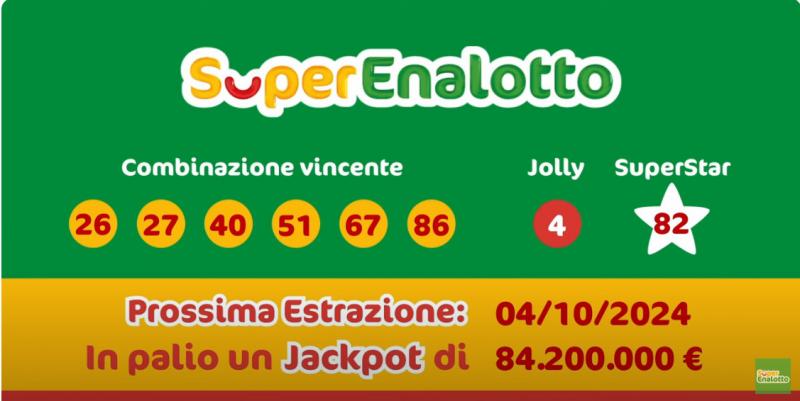 Superenalotto - Prossima estrazione 04/10/2024 il jackpot in palio è di 84.200.000 €