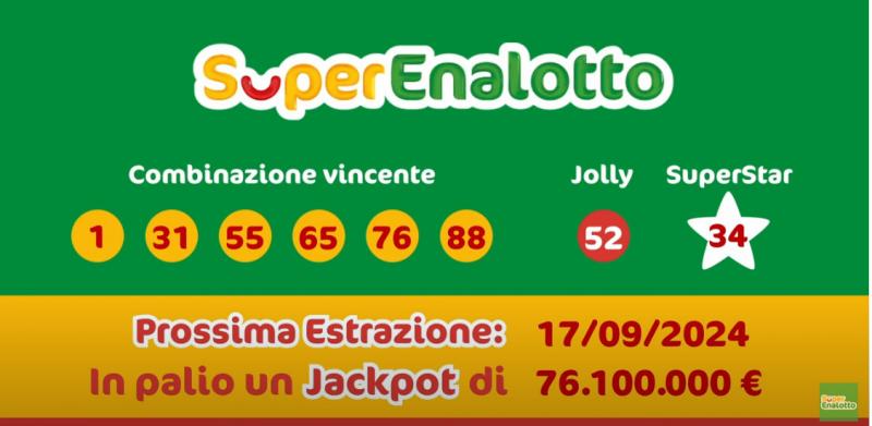 Superenalotto - Prossima estrazione 17/09/2024 il jackpot in palio è di 76.100.000 €