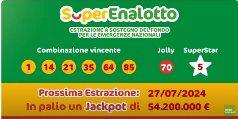 Superenalotto - Prossima estrazione 27/07/2024 il jackpot in palio è di 54.200.000 €