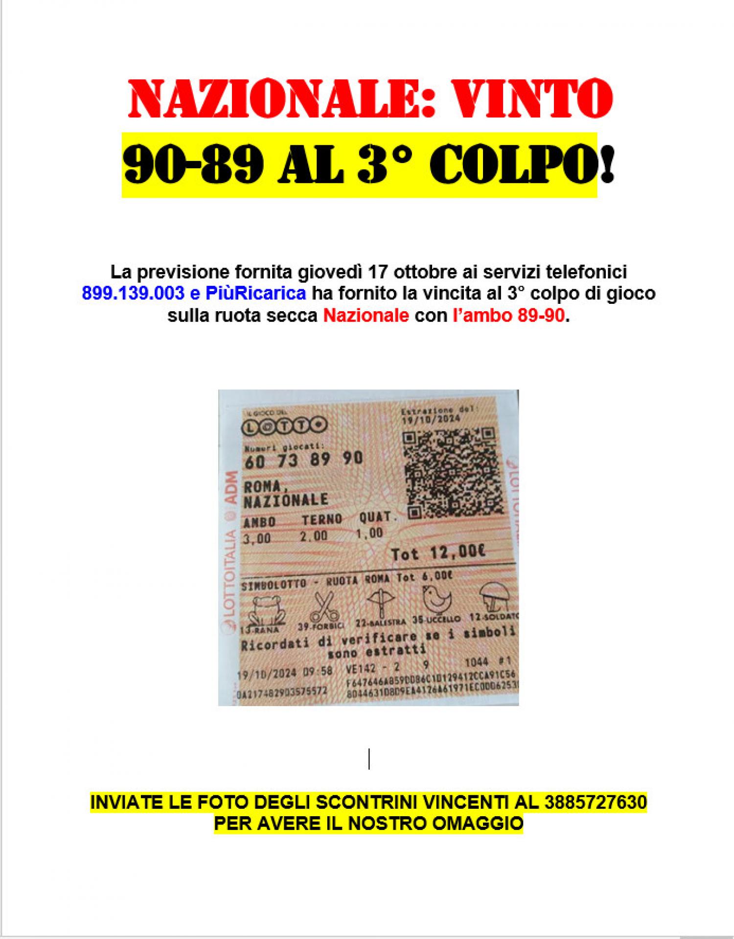 FAVOLOSE VINCITE CON 899.139.003 E PIU'RICARICA