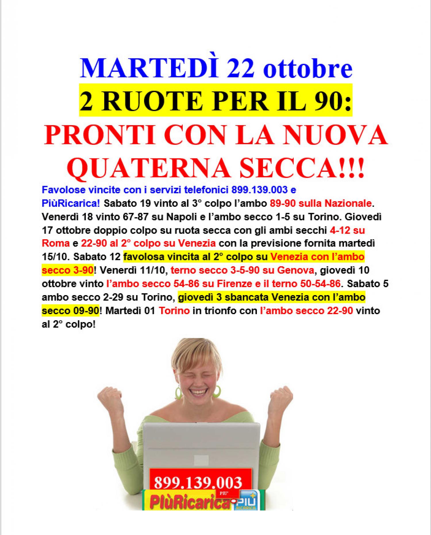 MARTEDI' 22 OTTOBRE: LA QUATERNA SECCA CON IL 90